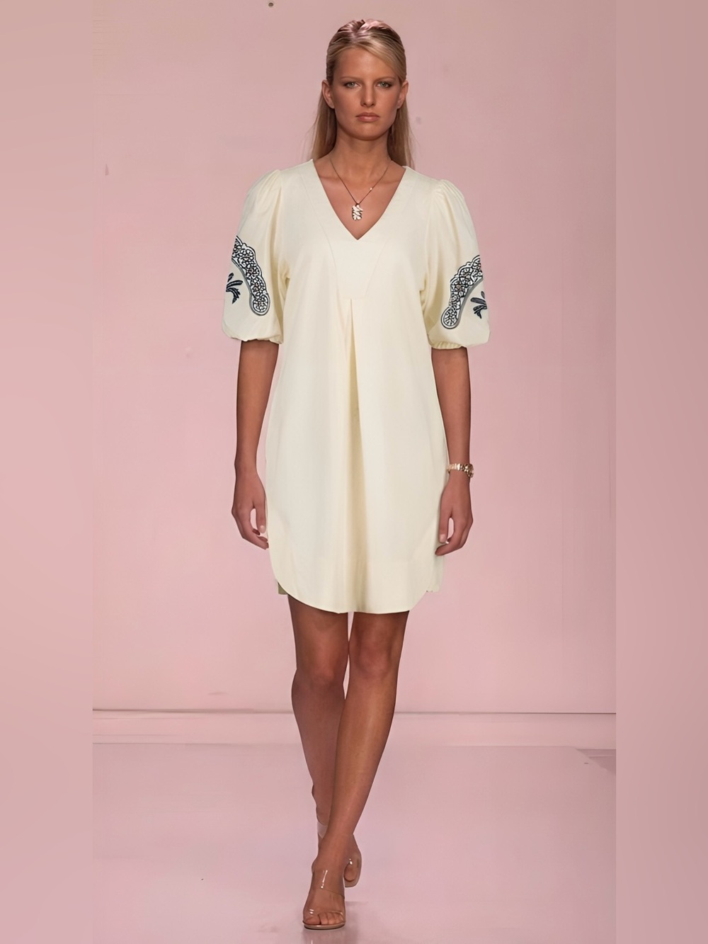 HALSTON Linen Embroidered Puff Sleeve Sun Dress 🌴☀️